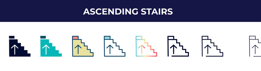 ascending stairs icon in 8 styles. line, filled, glyph, thin outline, colorful, stroke and gradient styles, ascending stairs vector sign. symbol, logo illustration. different style icons set.