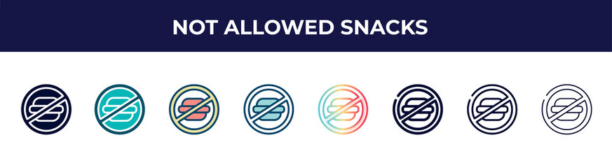 not allowed snacks icon in 8 styles. line, filled, glyph, thin outline, colorful, stroke and gradient styles, not allowed snacks vector sign. symbol, logo illustration. different style icons set.