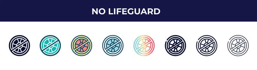 no lifeguard icon in 8 styles. line, filled, glyph, thin outline, colorful, stroke and gradient styles, no lifeguard vector sign. symbol, logo illustration. different style icons set.