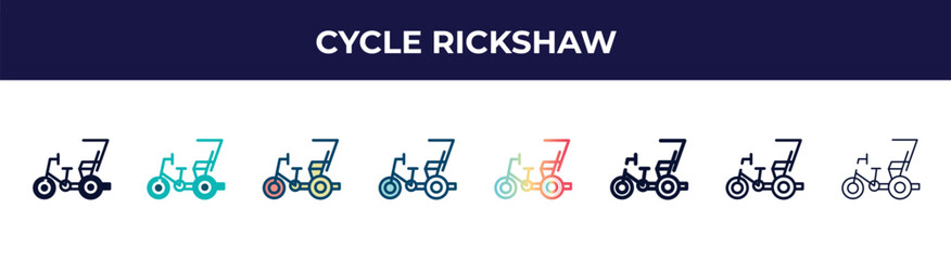 cycle rickshaw icon in 8 styles. line, filled, glyph, thin outline, colorful, stroke and gradient styles, cycle rickshaw vector sign. symbol, logo illustration. different style icons set.