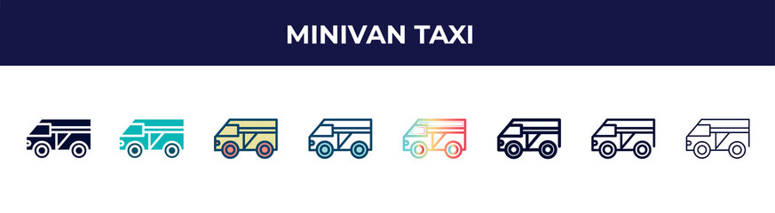 minivan taxi icon in 8 styles. line, filled, glyph, thin outline, colorful, stroke and gradient styles, minivan taxi vector sign. symbol, logo illustration. different style icons set.