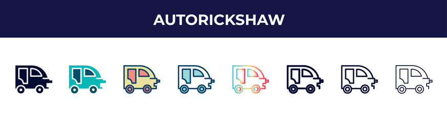 autorickshaw icon in 8 styles. line, filled, glyph, thin outline, colorful, stroke and gradient styles, autorickshaw vector sign. symbol, logo illustration. different style icons set.