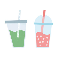 Juice in a glasses with ice and straw. Fresh vegetarian drink. Healthy smoothie. Delicious cocktail. Flat vector design. All elements isolated on white background.