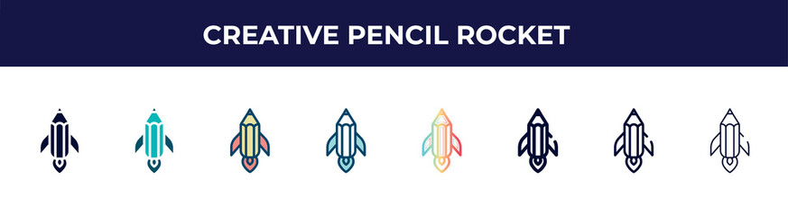 creative pencil rocket icon in 8 styles. line, filled, glyph, thin outline, colorful, stroke and gradient styles, creative pencil rocket vector sign. symbol, logo illustration. different style icons