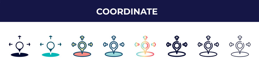 coordinate icon in 8 styles. line, filled, glyph, thin outline, colorful, stroke and gradient styles, coordinate vector sign. symbol, logo illustration. different style icons set.