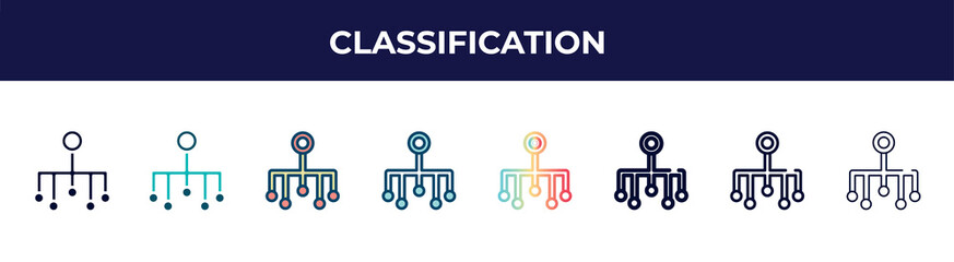 classification icon in 8 styles. line, filled, glyph, thin outline, colorful, stroke and gradient styles, classification vector sign. symbol, logo illustration. different style icons set.
