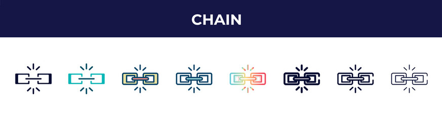 Obraz premium chain icon in 8 styles. line, filled, glyph, thin outline, colorful, stroke and gradient styles, chain vector sign. symbol, logo illustration. different style icons set.