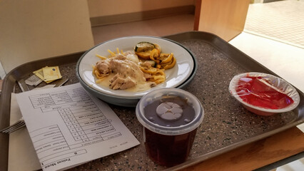 Typical institutional meal as found in hospitals, jails, schools.