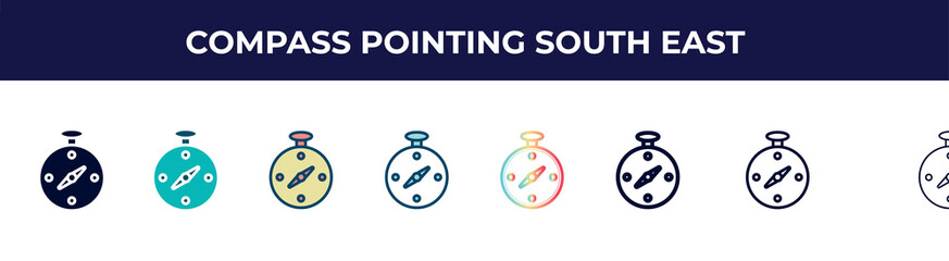 compass pointing south east icon in 8 styles. line, filled, glyph, thin outline, colorful, stroke and gradient styles, compass pointing south east vector sign. symbol, logo illustration. different