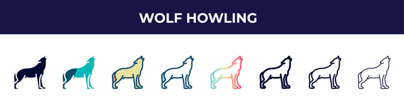 wolf howling icon in 8 styles. line, filled, glyph, thin outline, colorful, stroke and gradient styles, wolf howling vector sign. symbol, logo illustration. different style icons set.