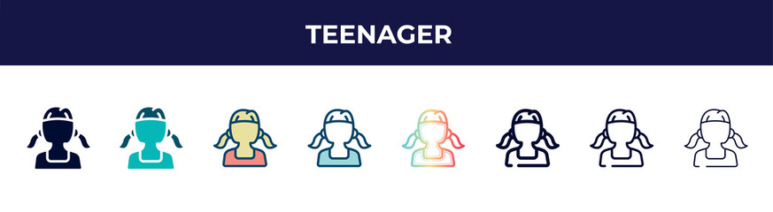 teenager icon in 8 styles. line, filled, glyph, thin outline, colorful, stroke and gradient styles, teenager vector sign. symbol, logo illustration. different style icons set.