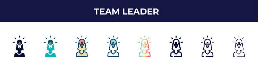 team leader icon in 8 styles. line, filled, glyph, thin outline, colorful, stroke and gradient styles, team leader vector sign. symbol, logo illustration. different style icons set.