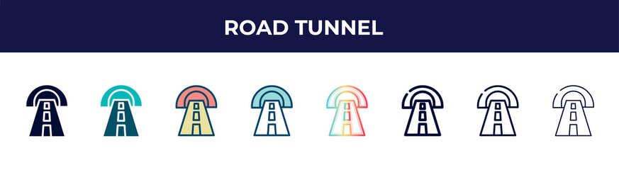 road tunnel icon in 8 styles. line, filled, glyph, thin outline, colorful, stroke and gradient styles, road tunnel vector sign. symbol, logo illustration. different style icons set.