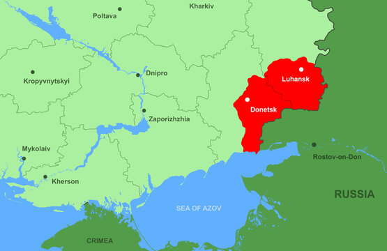 Ukraine and Donbass on Europe map, Donetsk and Luhansk regions