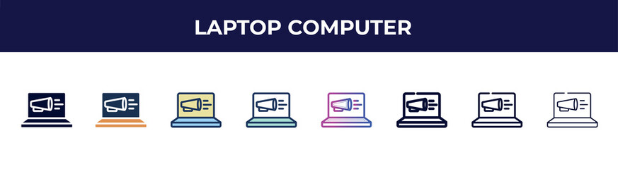 laptop computer icon in 8 styles. line, filled, glyph, thin outline, colorful, stroke and gradient styles, laptop computer vector sign. symbol, logo illustration. different style icons set.