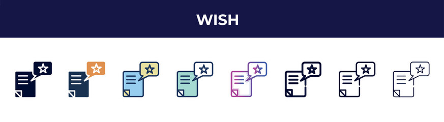 Fototapeta premium wish icon in 8 styles. line, filled, glyph, thin outline, colorful, stroke and gradient styles, wish vector sign. symbol, logo illustration. different style icons set.