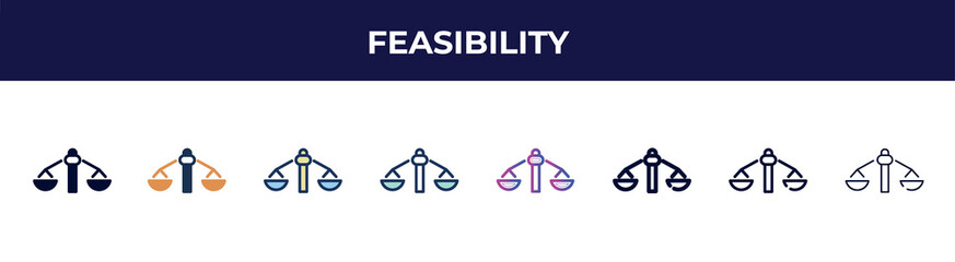 feasibility icon in 8 styles. line, filled, glyph, thin outline, colorful, stroke and gradient styles, feasibility vector sign. symbol, logo illustration. different style icons set.