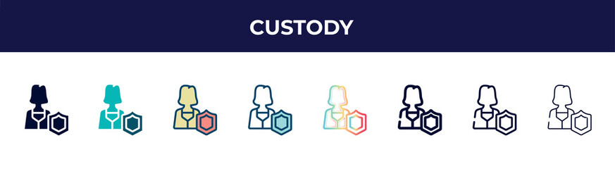 custody icon in 8 styles. line, filled, glyph, thin outline, colorful, stroke and gradient styles, custody vector sign. symbol, logo illustration. different style icons set.