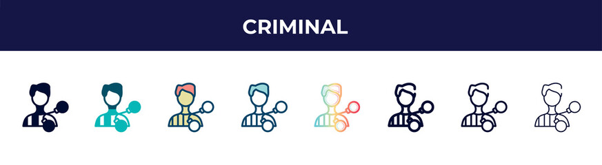 criminal icon in 8 styles. line, filled, glyph, thin outline, colorful, stroke and gradient styles, criminal vector sign. symbol, logo illustration. different style icons set.
