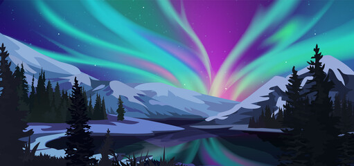 Aurora borealis. Green northern lights above mountains. Winter night landscape. - obrazy, fototapety, plakaty