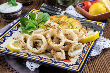 Traditional Greek fried calamari rings with potato chips and tzatzik served as close-up on a rustic...