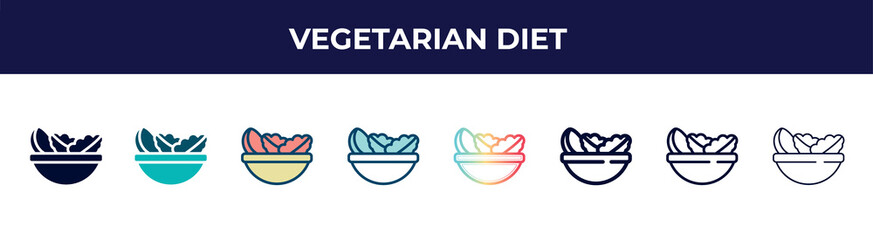 vegetarian diet icon in 8 styles. line, filled, glyph, thin outline, colorful, stroke and gradient styles, vegetarian diet vector sign. symbol, logo illustration. different style icons set.