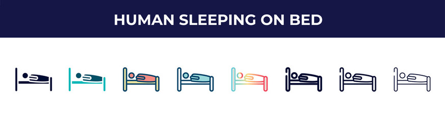 human sleeping on bed icon in 8 styles. line, filled, glyph, thin outline, colorful, stroke and gradient styles, human sleeping on bed vector sign. symbol, logo illustration. different style icons