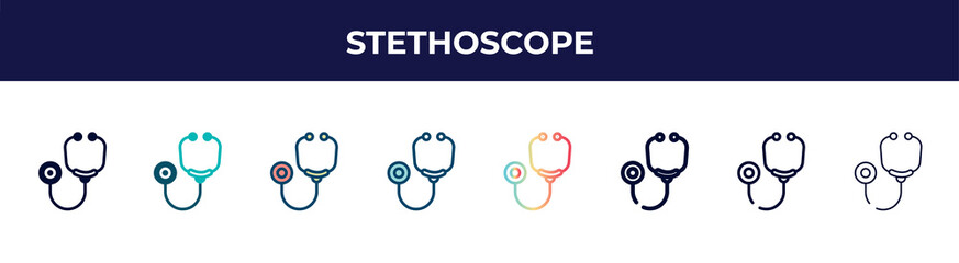 stethoscope icon in 8 styles. line, filled, glyph, thin outline, colorful, stroke and gradient styles, stethoscope vector sign. symbol, logo illustration. different style icons set.