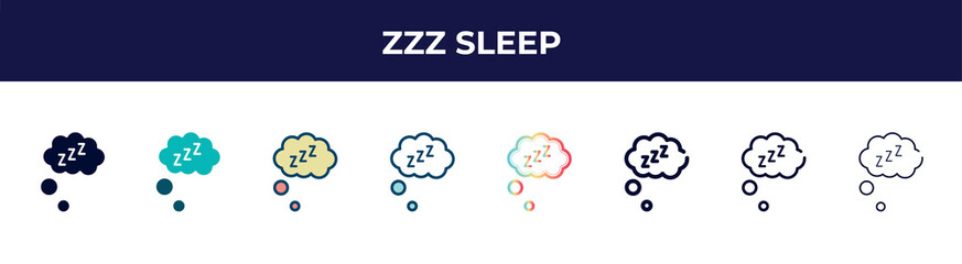 zzz sleep icon in 8 styles. line, filled, glyph, thin outline, colorful, stroke and gradient styles, zzz sleep vector sign. symbol, logo illustration. different style icons set.