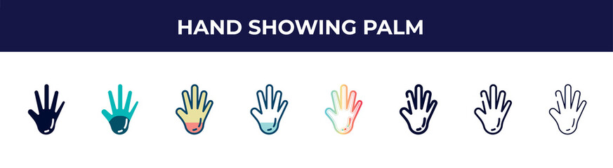 hand showing palm icon in 8 styles. line, filled, glyph, thin outline, colorful, stroke and gradient styles, hand showing palm vector sign. symbol, logo illustration. different style icons set.
