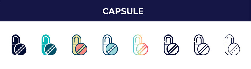 Fototapeta premium capsule icon in 8 styles. line, filled, glyph, thin outline, colorful, stroke and gradient styles, capsule vector sign. symbol, logo illustration. different style icons set.