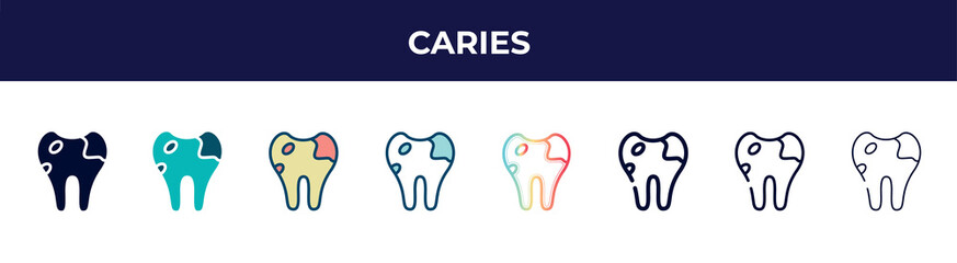 caries icon in 8 styles. line, filled, glyph, thin outline, colorful, stroke and gradient styles, caries vector sign. symbol, logo illustration. different style icons set.