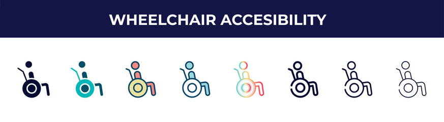 wheelchair accesibility icon in 8 styles. line, filled, glyph, thin outline, colorful, stroke and gradient styles, wheelchair accesibility vector sign. symbol, logo illustration. different style
