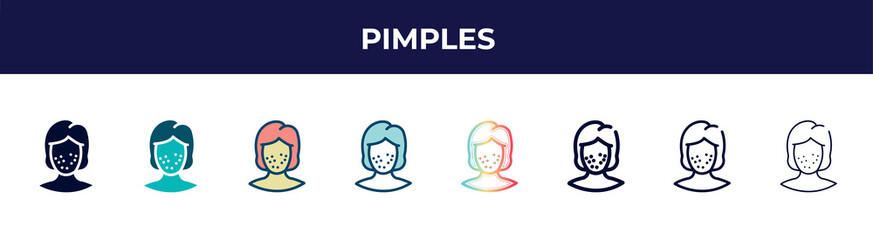 pimples icon in 8 styles. line, filled, glyph, thin outline, colorful, stroke and gradient styles, pimples vector sign. symbol, logo illustration. different style icons set.