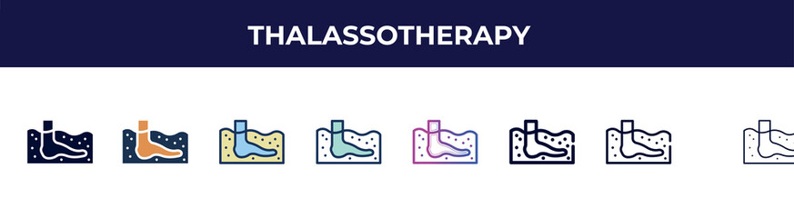 thalassotherapy icon in 8 styles. line, filled, glyph, thin outline, colorful, stroke and gradient styles, thalassotherapy vector sign. symbol, logo illustration. different style icons set.