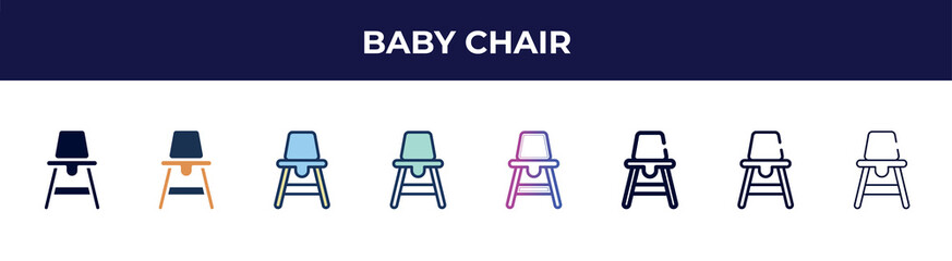 baby chair icon in 8 styles. line, filled, glyph, thin outline, colorful, stroke and gradient styles, baby chair vector sign. symbol, logo illustration. different style icons set.