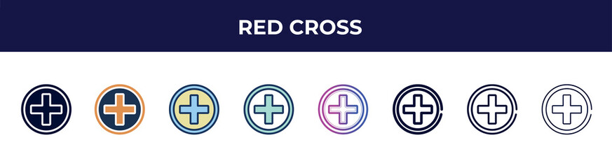red cross icon in 8 styles. line, filled, glyph, thin outline, colorful, stroke and gradient styles, red cross vector sign. symbol, logo illustration. different style icons set.