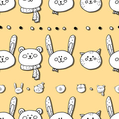 Cute animals characters - seamless pattern with bunny and cat, bear on orange color background