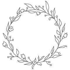 Floral Wreath in Monoline with Lovely Leaves, Flowers and Berries