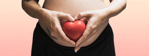 Pregnant woman holding heart infront of stomach with baby inside.