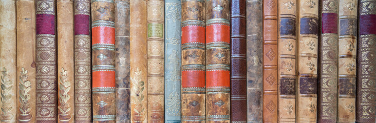 Old vintage books in bookshelf, web banner format.