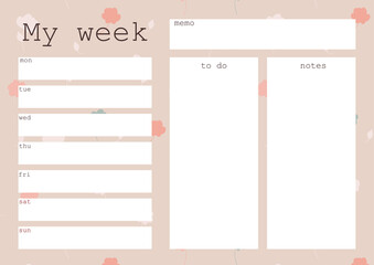 Cute Weekly Planner with flowers, to do list, memo, printable, vector illustration. For print or using in app.