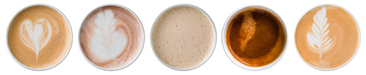 Top view of five cups of coffee, black coffee, latte and cappuccino isolated white background