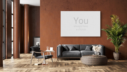 Mock up poster frame in modern interior background, living room, Boho - Scandinavian style, 3D render, 3D illustration