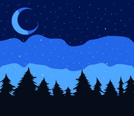 Midnight forest cartoon landscape. Star sky gradient flat illustration