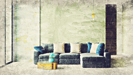 Modern beautiful interior of the room with colored walls, large windows and stylish furniture. The image is stylized as an oil painting. Bright and stylish design. 3D rendering