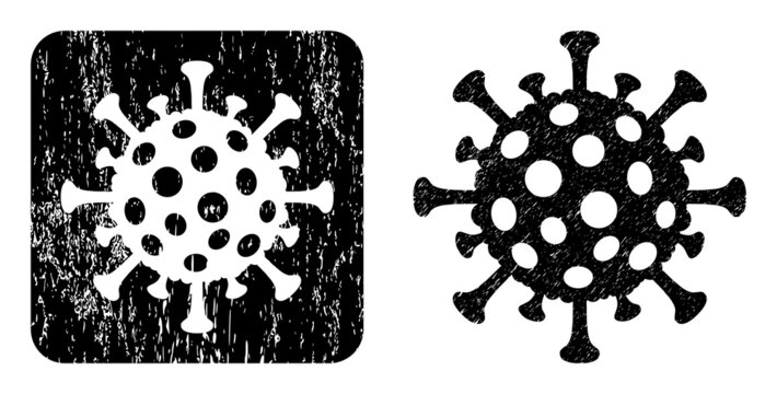 Vector flu virus hole icon. Grunge flu virus stamp, done with icon and rounded square. Rounded square stamp seal include flu virus hole inside. Vector flu virus grunge images.