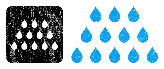 Vector drops subtracted pictogram. Grunge drops seal stamp, done from icon and rounded square. Rounded square seal have drops subtracted shape inside. Vector drops grunge images.