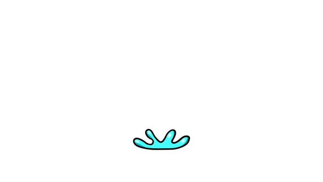 Cartoon big water rain drop. Drop animated with finish splash. Alpha channel included. Hand drawn and classic with black hard outline.