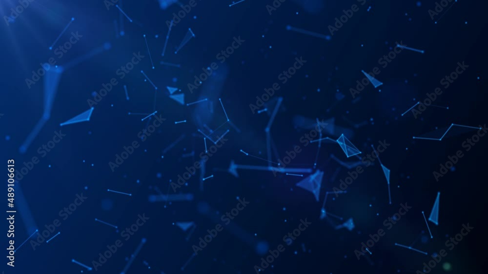 Poster animated blue background. movements of geometric shapes. a pattern of glowing neon connecting lines,